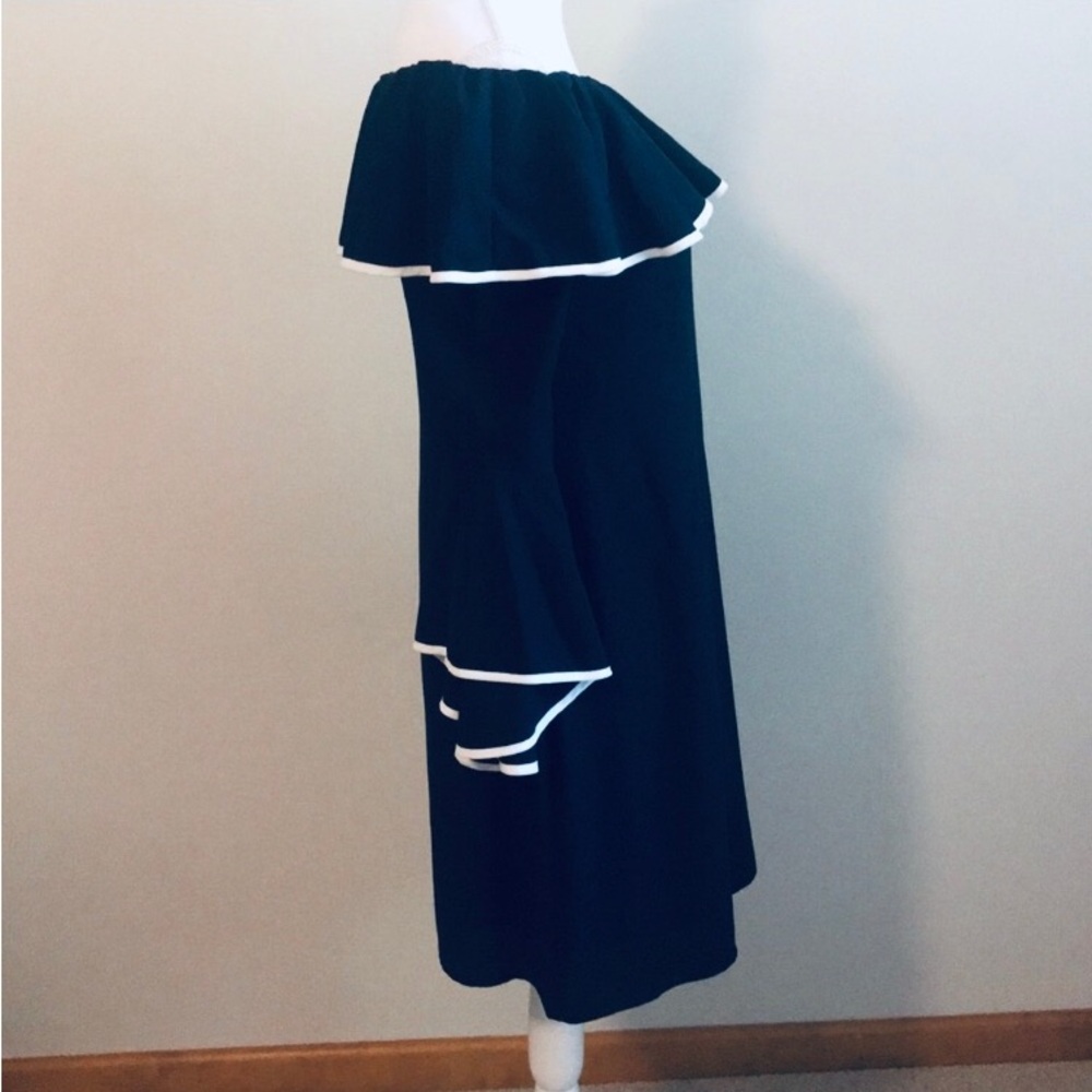 Off-Shoulder Dress / On-Shoulders Navy Blue, White Trim Romantic Classy Elegant - Picture 7 of 9